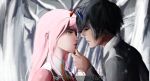  1boy 1girl absurdres artist_name bangs black_hair blue_eyes commentary_request couple crying crying_with_eyes_open darling_in_the_franxx dated green_eyes hair_ornament hairband hand_on_another&#039;s_chin hetero highres hiro_(darling_in_the_franxx) horns jinr0u long_hair long_sleeves military military_uniform necktie oni_horns orange_neckwear pink_hair red_horns short_hair snow snowing tears tree uniform white_hairband zero_two_(darling_in_the_franxx) 