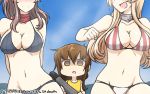  +++ 3girls bikini blonde_hair blue_sky blush breast_envy breasts brown_eyes brown_hair commentary dated day empty_eyes folded_ponytail hamu_koutarou head_out_of_frame highres inazuma_(kantai_collection) iowa_(kantai_collection) kantai_collection large_breasts long_hair multiple_girls navel one-piece_swimsuit plasma-chan_(kantai_collection) saratoga_(kantai_collection) shaded_face sky swimsuit torpedo 