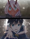  1boy 1girl bandage bangs black_cloak black_hair blue_eyes bomhat cloak coat commentary couple darling_in_the_franxx eyebrows_visible_through_hair eyes_visible_through_hair fur_trim green_eyes grey_coat hetero highres hiro_(darling_in_the_franxx) hood hooded_cloak horns long_hair oni_horns parka pink_hair red_horns red_pupils red_sclera red_skin short_hair winter_clothes winter_coat younger zero_two_(darling_in_the_franxx) 