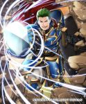  1boy armor copyright_name draug_(fire_emblem) fire_emblem fire_emblem:_mystery_of_the_emblem fire_emblem_cipher gloves green_eyes green_hair male_focus official_art open_mouth polearm rock shield solo spear teeth weapon 