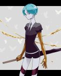  1other androgynous aqua_eyes aqua_hair bug butterfly colored_eyelashes gem_uniform_(houseki_no_kuni) gold golden_arms green_eyes green_hair houseki_no_kuni insect letterboxed looking_at_viewer nao_(necomugi) necktie phosphophyllite short_hair solo sword weapon 