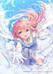  1girl akkijin angel angel_wings blue_eyes blue_sky clouds cloudy_sky downblouse dress feathers flying gloves halo jewelry looking_at_viewer necklace official_art pink_hair shinkai_no_valkyrie sky solo white_dress white_gloves wings 