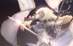  1girl armor armored_dress banner black_bow blonde_hair bow braid closed_eyes fate/apocrypha fate_(series) gauntlets hair_bow holding holding_sword holding_weapon jeanne_d&#039;arc_(fate) jeanne_d&#039;arc_(fate)_(all) long_hair no-kan outstretched_arms ponyta single_braid solo standing sword very_long_hair weapon 
