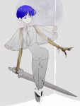  1other androgynous bangs blue_eyes blue_hair blunt_bangs breaking colored_eyelashes full_moon golden_arms heterochromia houseki_no_kuni moon nao_(necomugi) necktie phosphophyllite phosphophyllite_(ll) see-through shards short_hair solo spoilers sword weapon white_eyes 