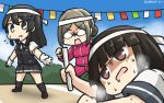  3girls :o black_eyes black_hair brown_eyes brown_hair commentary dated glasses gloves hamu_koutarou hatsuyuki_(kantai_collection) headband highres kantai_collection katori_(kantai_collection) long_hair multiple_girls on_ground oyashio_(kantai_collection) relay_baton relay_race school_uniform string_of_flags sweat track_suit v-shaped_eyebrows 