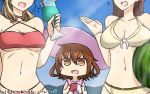  +++ 3girls adapted_costume bikini breast_envy breasts brown_eyes brown_hair collarbone commentary cup day drink drinking_glass empty_eyes fang hair_between_eyes hamu_koutarou hat highres ikazuchi_(kantai_collection) kantai_collection large_breasts littorio_(kantai_collection) long_hair multiple_girls ooi_(kantai_collection) open_mouth pink_hat short_hair swimsuit 