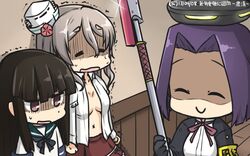  3girls armband bangs black_hair blunt_bangs clenched_hands commentary dated glaive gloves grey_hair hamu_koutarou hat hatsuyuki_(kantai_collection) highres hime_cut kantai_collection long_hair mechanical_halo mini_hat multiple_girls open_clothes open_shirt pola_(kantai_collection) purple_hair school_uniform serafuku shaded_face shirt short_hair skirt smile sparkle sweat tatsuta_(kantai_collection) trembling turn_pale wavy_hair white_shirt 