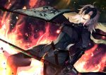  1girl :d antenna_hair armor armored_dress banner black_armor black_legwear fate/grand_order fate_(series) fire gauntlets holding holding_sword holding_weapon jeanne_d&#039;arc_(alter)_(fate) jeanne_d&#039;arc_(fate)_(all) long_hair looking_at_viewer open_mouth orange_eyes shimozuki_shio silver_hair smile solo standing sword thigh-highs weapon 