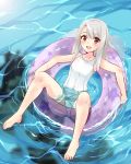  1girl :d absurdres barefoot blush commentary_request covered_navel eyebrows_visible_through_hair eyes_visible_through_hair fate/kaleid_liner_prisma_illya fate/stay_night fate_(series) feet full_body highres illyasviel_von_einzbern innertube long_hair looking_at_viewer one-piece_swimsuit open_mouth print_innertube purple_innertube red_eyes sarfata smile solo star star_print swimsuit water water_drop wet white_hair white_swimsuit 