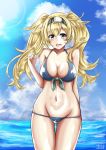  1girl alternate_costume arm_behind_back bare_shoulders bikini blonde_hair blue_eyes blue_sky blush breasts clouds collarbone cowboy_shot dated day front-tie_top gambier_bay_(kantai_collection) hair_between_eyes hairband hand_up highres kantai_collection large_breasts long_hair lowleg lowleg_bikini nakura_haru navel ocean open_mouth outdoors signature sky solo stomach swimsuit thighs twintails 