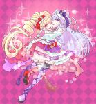  2girls ;) ;d aisaki_emiru asakura_404 bangs black_legwear blonde_hair boots bow checkered checkered_background cure_amour cure_macherie detached_sleeves eyebrows_visible_through_hair full_body gloves hair_bow high_heels highres hug hugtto!_precure long_hair looking_at_viewer multiple_girls one_eye_closed open_mouth orange_eyes pink_background pink_footwear precure purple_bow red_bow red_footwear ruru_amour silver_hair smile sparkle thigh-highs thigh_boots tied_hair twintails upper_body very_long_hair violet_eyes white_gloves white_legwear zettai_ryouiki 