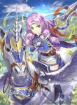  1girl armor bangs belt belt_pouch boots breastplate circlet closed_mouth clouds cloudy_sky company_name copyright_name day elbow_gloves eyebrows_visible_through_hair feathered_wings feathers fire_emblem fire_emblem:_rekka_no_ken fire_emblem_cipher florina gloves green_eyes hmk84 holding holding_weapon horns lavender_hair long_hair looking_at_viewer official_art outdoors pegasus pegasus_knight pouch sky smile solo thigh-highs thigh_boots weapon wings zettai_ryouiki 