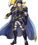  1boy armor armored_boots axe bangs battle_axe belt blue_eyes blue_hair boots cape clenched_hand closed_mouth fire_emblem fire_emblem:_rekka_no_ken fire_emblem_heroes full_body gauntlets hector_(fire_emblem) highres holding holding_weapon long_sleeves looking_at_viewer official_art over_shoulder pants short_hair shoulder_armor shoulder_pads smile solo standing transparent_background wada_sachiko weapon weapon_over_shoulder 