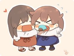  2girls akagi_(kantai_collection) black_hair black_legwear blue_hakama blush brown_hair chibi closed_eyes commentary_request dessert flying_sweatdrops food full_body hakama heart ice_cream ice_cream_cone ina_(1813576) japanese_clothes kaga_(kantai_collection) kantai_collection kimono long_hair multiple_girls open_mouth red_hakama sandals side_ponytail signature simple_background smile white_kimono white_legwear xo 