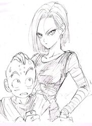  1boy 1girl android_18 bald black_eyes blush commentary_request controller dougi dragon_ball dragonball_z earrings expressionless eyelashes fingernails greyscale hand_on_another&#039;s_head hand_on_hip highres jewelry kuririn long_sleeves looking_at_another looking_at_viewer monochrome murata_yuusuke open_mouth serious short_hair simple_background sweatdrop upper_body white_background wide-eyed 