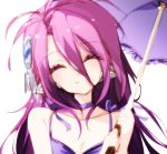  1girl bare_arms bare_shoulders breasts closed_eyes closed_mouth collarbone commentary_request dress eyebrows_visible_through_hair hair_between_eyes highres looking_at_viewer misteor no_game_no_life pink_hair purple_dress purple_umbrella shuvi_(no_game_no_life) solo umbrella white_background 
