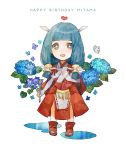  +_+ 1girl blue_hair bow_gloves brush calligraphy chibi fingerless_gloves fire_emblem fire_emblem_if flower gloves holding holding_brush japanese_clothes kimono looking_at_viewer mitama_(fire_emblem_if) puddle shourou_kanna smile solo 