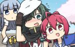  +++ 3girls :d blue_eyes blue_hair blue_sailor_collar blush brown_gloves cape cellphone cherry_blossoms commentary dated disembodied_head eyepatch gloves green_eyes green_hair grey_vest hamu_koutarou hat hatsukaze_(kantai_collection) highres holding holding_phone i-168_(kantai_collection) kantai_collection kiso_(kantai_collection) long_hair multiple_girls neckerchief open_mouth petals phone pink_hair ponytail red_eyes red_neckwear remodel_(kantai_collection) sailor_collar sailor_hat school_uniform serafuku shirt short_hair short_sleeves smartphone smile v-shaped_eyebrows vest white_gloves white_hat white_shirt 