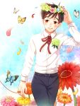  1boy black_hair brown_eyes bug butterfly collared_shirt flower head_wreath insect jewelry katsuki_yuuri male_focus petals red_string ring shirt smile string twc_(p-towaco) yuri!!!_on_ice 