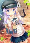  1girl anchor_hat_ornament anchor_print aqua_ribbon bag black_skirt blue_eyes blush chinomaron cowboy_shot day glasses gochuumon_wa_usagi_desu_ka? hair_between_eyes highres holding holding_bag kafuu_chino long_hair looking_at_viewer miniskirt neck_ribbon outdoors over-rim_eyewear pink-framed_eyewear pleated_skirt ribbon semi-rimless_eyewear silver_hair skirt smile solo standing sweater white_sweater 