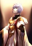  1boy ;) black_gloves character_request dust_particles gloves granblue_fantasy hair_between_eyes highres looking_at_viewer one_eye_closed sasaki_tamao silver_hair smile solo standing violet_eyes 