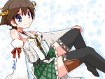  1girl black_legwear blue_eyes boots brown_hair detached_sleeves feet_out_of_frame flipped_hair floral_background frilled_skirt frills green_skirt hairband headgear hiei_(kantai_collection) japanese_clothes kanoe_soushi kantai_collection looking_at_viewer no_legwear nontraditional_miko plaid plaid_skirt pleated_skirt ribbon-trimmed_sleeves ribbon_trim short_hair sitting skirt solo thigh-highs thigh_boots twitter_username white_background 