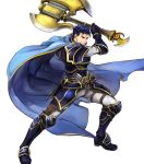  1boy armor armored_boots axe bangs battle_axe belt blue_eyes blue_hair boots cape closed_mouth fire_emblem fire_emblem:_rekka_no_ken fire_emblem_heroes full_body gauntlets hector_(fire_emblem) highres holding holding_weapon long_sleeves official_art pants short_hair shoulder_armor shoulder_pads solo transparent_background wada_sachiko weapon 