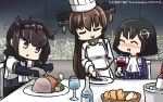  3girls ^_^ ^o^ alcohol black_hair blush bodysuit brown_hair chef_hat chef_uniform closed_eyes clothes_writing commentary cup dated double-breasted drinking_glass flying_sweatdrops fork gloves hachimaki haguro_(kantai_collection) hamu_koutarou hat hatsuzuki_(kantai_collection) headband highres holding holding_fork jacket kantai_collection long_hair long_sleeves military military_uniform multiple_girls nose_blush open_mouth pointy_hair ponytail purple_jacket school_uniform serafuku short_hair short_sleeves sitting smile uniform white_gloves wine wine_glass yamato_(kantai_collection) 