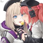  2girls aa-12_(girls_frontline) ahoge ark_john_up baggy_clothes bags_under_eyes bangs beret black_hat black_nails blue_eyes blush bow bowtie breasts candy choker dated eyebrows_visible_through_hair food fur_trim girls_frontline gloves hair_ornament hat headphones interlocked_fingers jacket lollipop medium_breasts mp7_(girls_frontline) multiple_girls nail_polish off_shoulder open_mouth pink_hair sharing_food shirt sidelocks signature silver_hair simple_background star star_hair_ornament tongue tongue_out white_background white_shirt yellow_eyes 