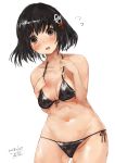  1girl bikini black_bikini black_hair breasts brown_eyes cowboy_shot flying_sweatdrops front-tie_top haguro_(kantai_collection) hair_ornament highres kantai_collection looking_at_viewer open_mouth short_hair side-tie_bikini simple_background small_breasts solo swimsuit toka_(marchlizard) white_background 