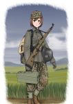  1girl absurdres backpack bag bolt_action brown_hair camouflage commentary english_commentary explosive germany gloves grass green_eyes grenade gun hat headwear_removed helmet helmet_removed highres looking_at_viewer mauser_98 military military_hat military_uniform millimeter original outdoors rifle short_hair solo ss_insignia stahlhelm stielhandgranate uniform weapon world_war_ii 