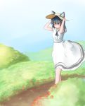  1girl alternate_costume animal_ears black_hair blue_eyes dress ears_through_headwear grey_hair grey_wolf_(kemono_friends) hands_on_headwear hat heterochromia highres ka_(3s4k4) kemono_friends long_hair multicolored_hair short_sleeves solo sun_hat sundress wolf_ears yellow_eyes 