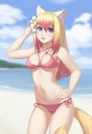  1girl :3 animal_ears bangs beach bikini blonde_hair borrowed_character breasts commission contrapposto criss-cross_halter cristalavi day dog_ears dog_tail eyebrows_visible_through_hair flower gradient_hair hair_between_eyes hair_flower hair_ornament halterneck highres long_hair looking_at_viewer medium_breasts multicolored_hair navel ocean open_mouth orange_hair original outdoors pink_bikini redhead side-tie_bikini sky smile solo swimsuit tail 