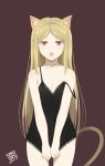  1girl 2018 :o animal_ears bangs bare_arms bare_shoulders blonde_hair blush cat_ears cat_tail collarbone cowboy_shot dated flat_chest honda_naoki legs_apart long_hair looking_at_viewer open_mouth original parted_bangs pink_eyes solo standing straight_hair strap_slip tail v_arms very_long_hair 