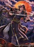  1boy bandage boots brown_hair clouds copyright_name fingerless_gloves fire_emblem fire_emblem:_rekka_no_ken fire_emblem_cipher gloves hair_over_one_eye karel long_hair male_focus moon night night_sky official_art sky solo sword teeth tree weapon yellow_eyes 