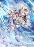  1girl armor bangs belt blonde_hair blue_eyes blue_hair cape company_name copyright_name dress earrings fingernails fire_emblem fire_emblem_cipher fire_emblem_heroes fjorm_(fire_emblem_heroes) holding holding_weapon jewelry long_sleeves multicolored_hair n_kamui official_art open_mouth polearm short_dress short_hair shoulder_armor shoulder_pads snowflakes solo spear thigh-highs weapon 