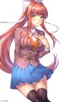  1girl arm_at_side artist_name black_legwear blue_skirt blush brown_hair doki_doki_literature_club eyebrows_visible_through_hair green_eyes hair_ribbon hand_on_own_chest highres kio_rojine long_hair looking_at_viewer monika_(doki_doki_literature_club) panties pleated_skirt ponytail ribbon school_uniform simple_background skirt solo thigh-highs underwear very_long_hair white_background white_ribbon 