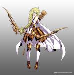  1girl :d armor arrow blonde_hair blue_eyes bow_(weapon) braid cape copyright_request elbow_pads freckles full_body gradient gradient_background grey_background holding holding_weapon long_hair official_art open_mouth quiver smile vixi_c watermark weapon web_address white_cape white_legwear 