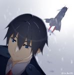  1boy 1girl bangs barefoot black_cloak black_hair blue_eyes cloak commentary_request couple darling_in_the_franxx footprints hetero hiro_(darling_in_the_franxx) hood hood_up hooded_cloak horns long_hair military military_uniform necktie oni_horns parka pink_hair raitho104 red_horns red_neckwear red_skin short_hair signature snow uniform younger zero_two_(darling_in_the_franxx) 
