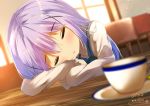  1girl artist_name bangs blue_bow blue_hair blue_vest blurry blurry_background blurry_foreground blush bow chair chinomaron closed_eyes commentary_request crossed_arms cup day depth_of_field dutch_angle eyebrows_visible_through_hair facing_viewer gochuumon_wa_usagi_desu_ka? gradient_hair hair_between_eyes head_rest indoors kafuu_chino long_hair long_sleeves multicolored_hair parted_lips purple_hair rabbit_house_uniform saucer shirt signature sleeping solo sunlight table teacup uniform vest white_shirt window 