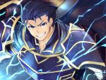  1boy armor blue_eyes blue_hair cape fire_emblem fire_emblem:_rekka_no_ken fire_emblem_heroes gloves hector_(fire_emblem) highres looking_at_viewer male_focus nakabayashi_zun short_hair smile solo weapon 