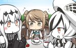  3girls :o aircraft_carrier_water_oni bare_shoulders beret black_dress blush brown_eyes brown_hair chair commentary cup dated detached_sleeves double_bun dress flying_sweatdrops food fork fruit hamu_koutarou hat highres kantai_collection long_hair michishio_(kantai_collection) multicolored_hair multiple_girls open_mouth parted_lips seaplane_tender_water_hime shinkaisei-kan short_twintails strawberry sweat table teacup twintails white_hair white_skin 