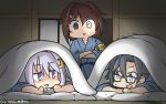  3girls amagiri_(kantai_collection) armband blue_eyes brown_hair commentary crescent crescent_hair_ornament crossed_arms dated furutaka_(kantai_collection) futon glasses glowing glowing_eye grey_eyes grey_hair hair_ornament hamu_koutarou heterochromia highres kantai_collection long_hair lying multiple_girls on_stomach purple_hair short_hair short_hair_with_long_locks signature trembling yayoi_(kantai_collection) yellow_eyes 