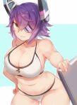  1girl armpits bikini breasts collarbone expressive_clothes eyepatch gluteal_fold grin hand_on_hip headgear kantai_collection large_breasts leaning_forward midriff navel necktie purple_hair short_hair sideboob smile solo swimsuit tenryuu_(kantai_collection) thighs white_bikini yamaarashi yellow_eyes 