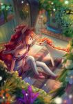  1girl animal_ears bai_qiao ballet_slippers brown_hair collarbone eye_contact gargoyle hair_between_eyes highres horse_ears inside long_hair looking_at_another magikarp moemon off_shoulder personification pink_footwear plant pokemon pokemon_(creature) ponyta potted_plant red_eyes sitting stairs tail water white_legwear 