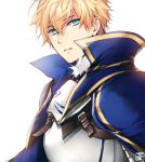  1boy arthur_pendragon_(fate) blonde_hair blue_cape blue_eyes breastplate cape eyebrows_visible_through_hair hair_between_eyes looking_at_viewer parted_lips simple_background solo upper_body white_background 