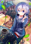  1girl bangs bespectacled black_legwear blue_eyes blue_hair blue_shirt blurry blurry_background blurry_foreground blush chair chinomaron closed_mouth coffee collarbone commentary_request cup day depth_of_field drawstring eyebrows_visible_through_hair fingernails glasses gochuumon_wa_usagi_desu_ka? hair_between_eyes hand_on_headphones hand_up headphones headphones_around_neck highres kafuu_chino leaf long_hair long_sleeves looking_at_viewer outdoors over-rim_eyewear pink-framed_eyewear pleated_skirt railing red_skirt sailor_collar saucer semi-rimless_eyewear shadow shirt sitting skirt sleeves_past_wrists smile solo spoon table teacup thigh-highs very_long_hair water white_sailor_collar zipper_pull_tab 
