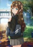  1girl :o absurdres bag bangs black_sweater blue_sky blurry blurry_background blush brown_hair building cowboy_shot dappled_sunlight day depth_of_field earrings eyebrows_visible_through_hair falling_leaves from_behind grass green_eyes grey_skirt hand_up highres idolmaster idolmaster_cinderella_girls jewelry koi0806 leaf long_hair long_sleeves looking_at_viewer looking_back outdoors path pleated_skirt road school_bag school_uniform shibuya_rin shiny shiny_hair shoulder_bag sidelocks skirt sky solo standing straight_hair sunlight sweater tree tree_shade wind 