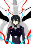  1boy bangs black_bodysuit black_hair blue_eyes blue_horns bodysuit commentary_request darling_in_the_franxx hiro_(darling_in_the_franxx) horns looking_at_viewer male_focus mecha oni_horns pilot_suit short_hair solo strelizia strelizia_apus user_prew7835 