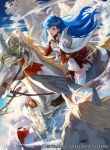  1girl armor blue_eyes blue_hair blush breastplate cape dress elbow_gloves feathered_wings fingerless_gloves fire_emblem fire_emblem:_mystery_of_the_emblem fire_emblem_cipher gloves horse horseback_riding lance long_hair mayo_(becky2006) official_art open_mouth pegasus pegasus_knight polearm riding sheeda sky smile solo spear thigh-highs weapon wings zettai_ryouiki 